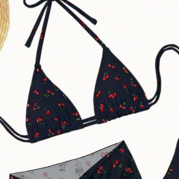NWT Womens 3 pc Cherry Halter String Triangle Bikini Set w/ Sarong - Large - Picture 5 of 7